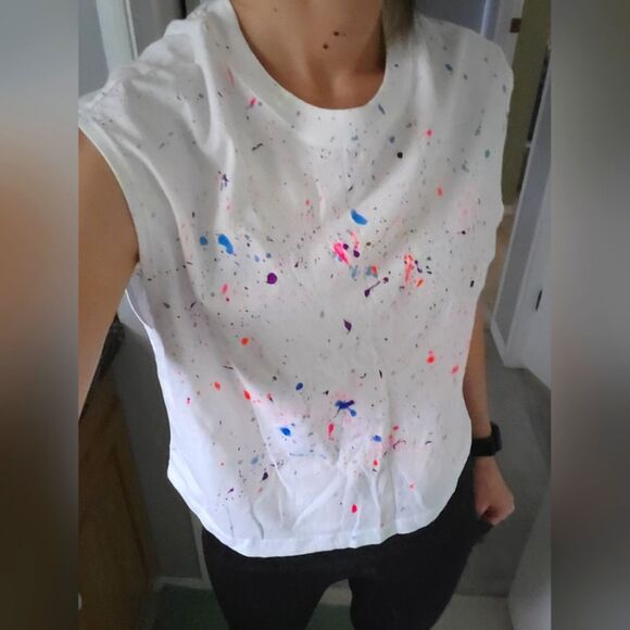 Dynamite XXS White Cropped Sleeveless Tank with Custom Paint Splatter - Picture 1 of 3